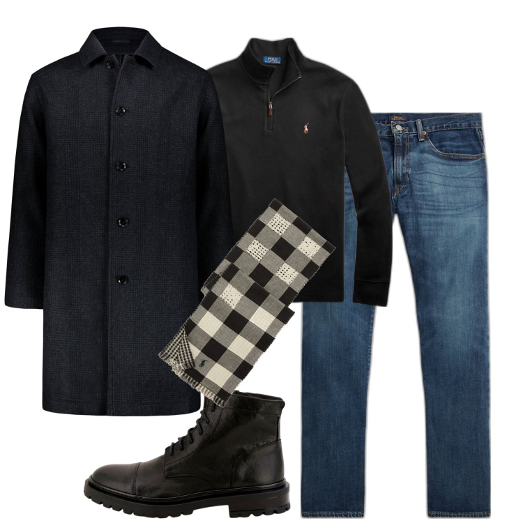 Outfit uomo - Al lavoro in città. Stile Business/Elegante per Tutti i giorni. Abbinamento con scarpe stringate, jeans dritti, pullovers, sciarpe, cappotti.