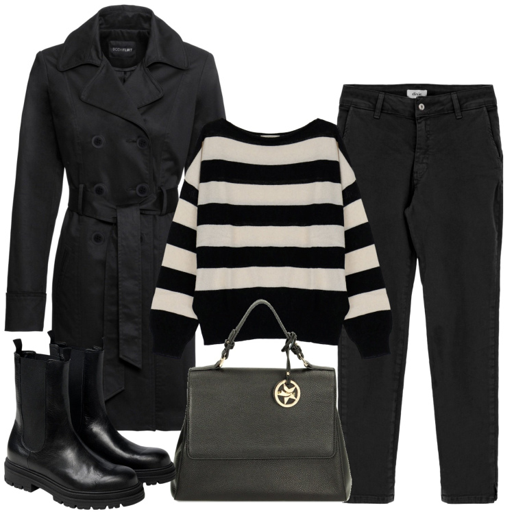 Outfit donna - City. Stile Casual chic per Tutti i giorni. Abbinamento con trench, borse a mano, pullovers, jeans slim fit, stivaletti chelsea.