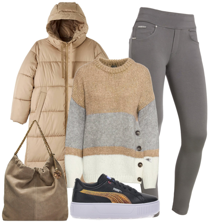 Outfit donna - Novembre. Stile Sporty chic per Tutti i giorni. Abbinamento con maglieria, piumini, pantaloni skinny, borse a spalla, sneakers.