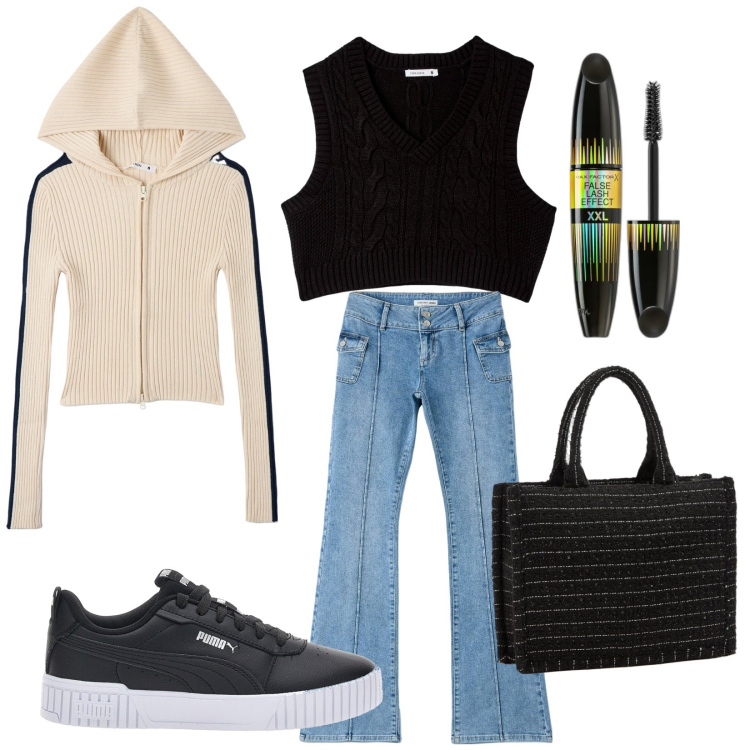 Outfit donna - Girl. Stile Urban per Scuola/Università. Abbinamento con mascara, maglieria, maglieria, shopping bag, jeans a zampa, sneakers.