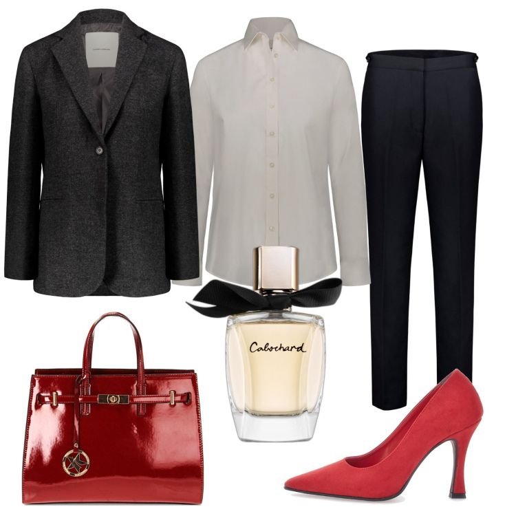Outfit donna - Oggi mi laureo. Stile Bon Ton per Cerimonia. Abbinamento con profumi, borse a mano, pantaloni, décolleté, blazer, camicie.