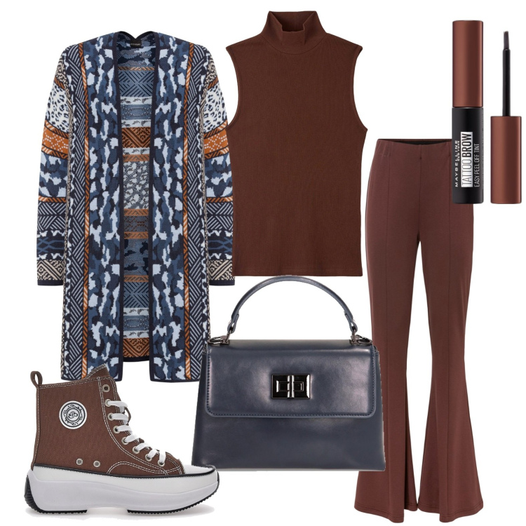 Outfit donna - Cardigan e zampa. Stile Sporty chic per Ufficio. Abbinamento con pantaloni, cardigans, eyeliner, canottiere, borse a mano, sneakers.