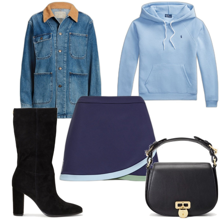 Outfit donna - Ralph Lauren sporty- chic. Stile Sporty chic per Tutti i giorni. Abbinamento con borse a tracolla, minigonne, stivali sopra il ginocchio, felpe con cappuccio, giacche.