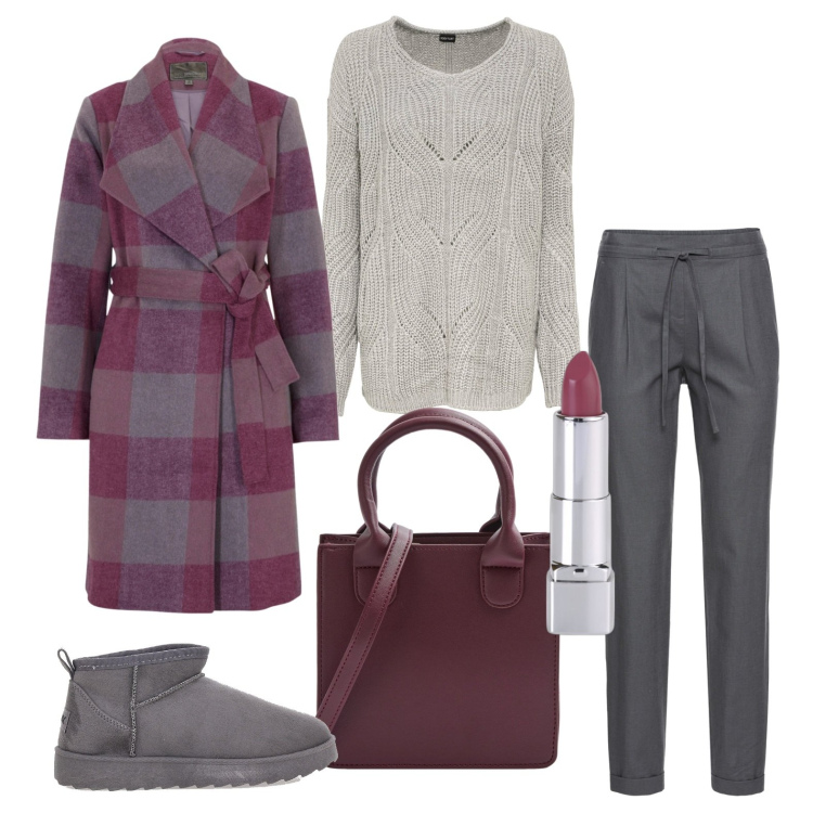 Outfit donna - Giornata piena di impegni. Stile Minimal per Tutti i giorni. Abbinamento con pantaloni, maglieria, cappotti, rossetti, shopping bag, stivaletti.