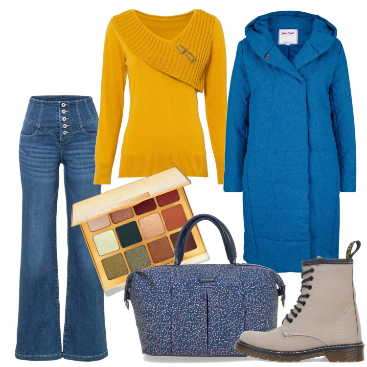 Outfit donna - Ocra e turchese. Stile Basic per Tutti i giorni. Abbinamento con jeans a zampa, cappotti, maglieria, ombretti, anfibi, borse a mano.
