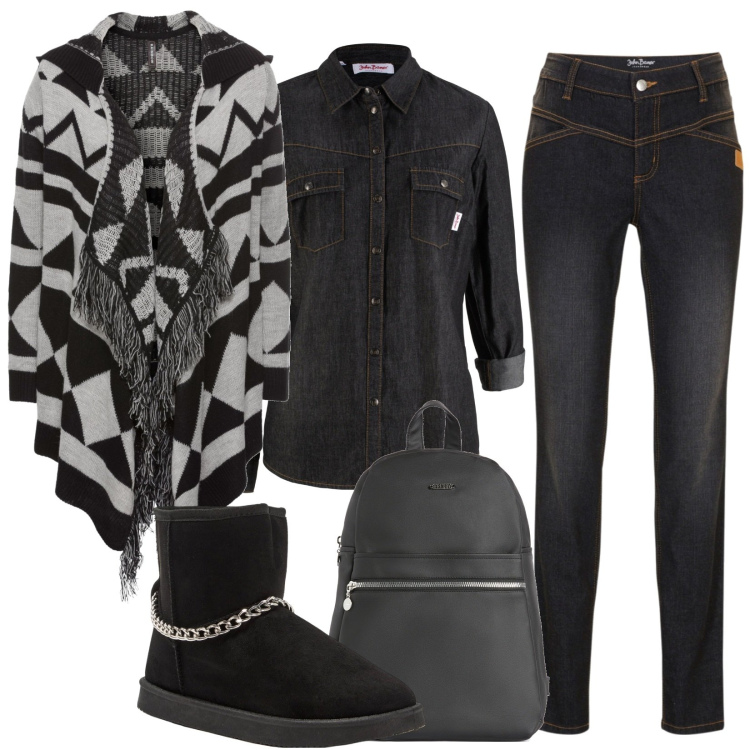 Outfit donna - Total look #1762609. Stile Casual per Tutti i giorni. Abbinamento con jeans skinny, cardigans, camicie, stivaletti, zaini.