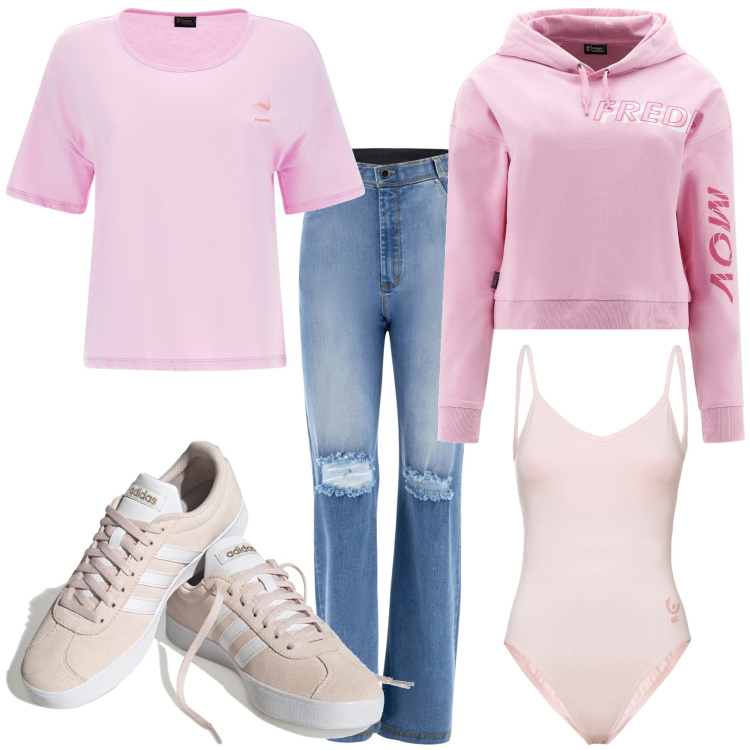 Outfit donna - Tempo libero. Stile Casual per Tutti i giorni. Abbinamento con body, felpe con cappuccio, jeans strappati, t-shirt, sneakers.