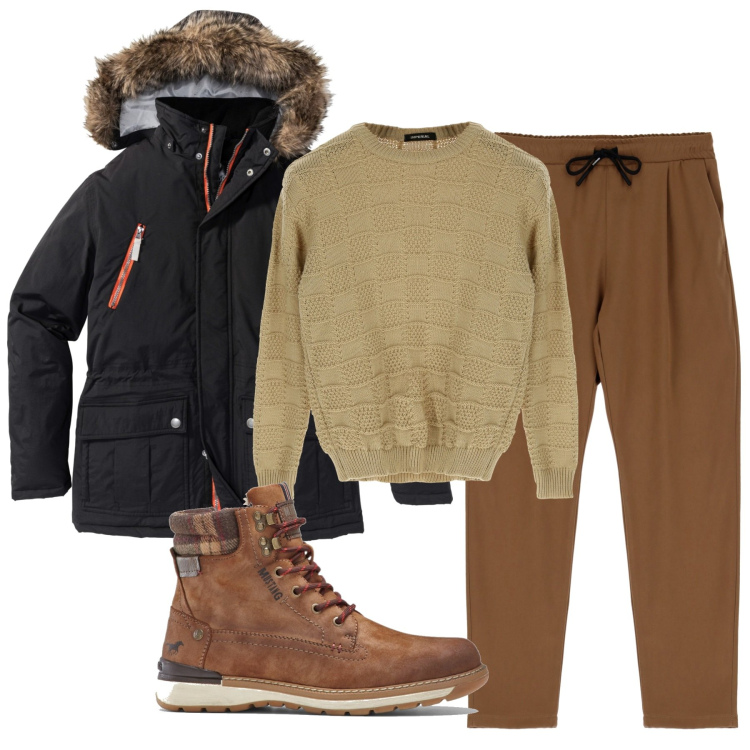 Outfit uomo - Stoccolma. Stile Casual per Tutti i giorni. Abbinamento con parka, stivali e stivaletti, pullovers, pantaloni.