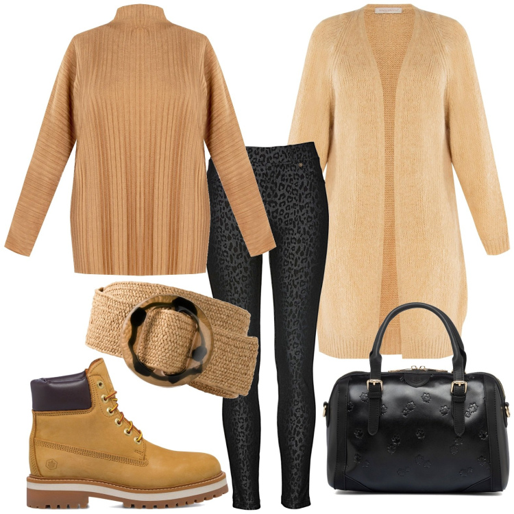 Outfit donna - Comodità. Stile Casual per Tutti i giorni. Abbinamento con jeggings, cinture, maglieria, cardigans, stivaletti, borse a mano.
