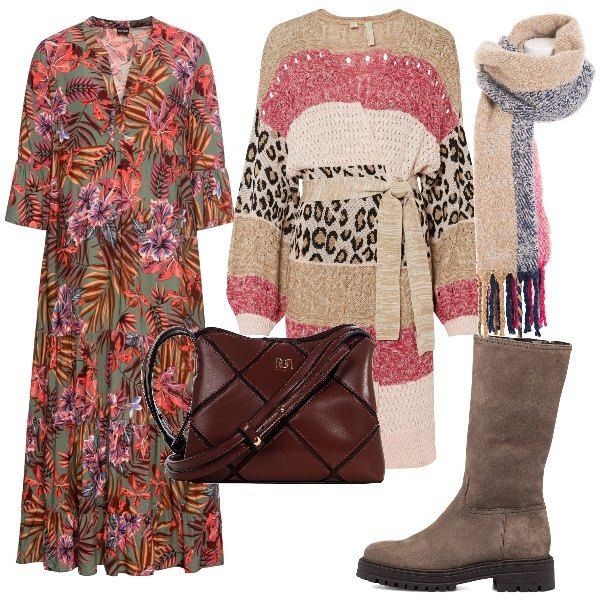 Outfit donna - Ispirazione BOHO. Stile Boho per Tutti i giorni. Abbinamento con vestiti lunghi, cardigans, borse a spalla, sciarpe, stivali sopra il ginocchio.