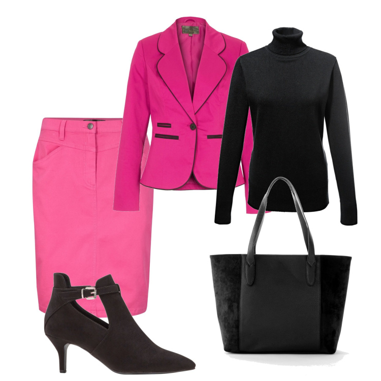 Outfit donna - Hot pink tailleur. Stile Chic per Ufficio. Abbinamento con shopping bag, maglieria, gonne, blazer, stivaletti.