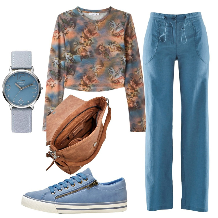 Outfit donna - Total look #1762729. Stile Basic per Tutti i giorni. Abbinamento con pantaloni a palazzo, sneakers, zaini, t-shirt, orologi analogici.
