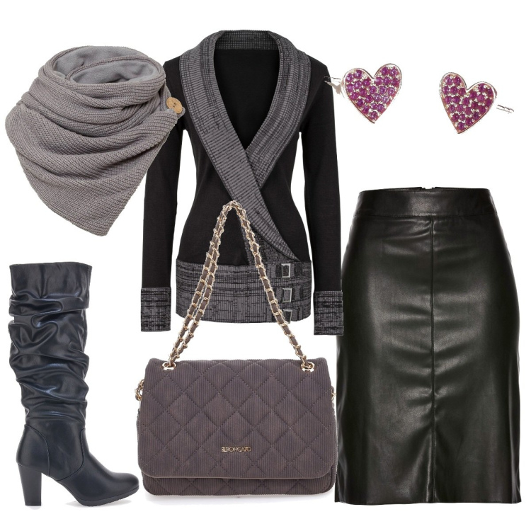 Outfit donna - Maglione nero melange. Stile Casual chic per Tutti i giorni. Abbinamento con foulard, maglieria, gonne longuette, orecchini, stivali sopra il ginocchio, borse a spalla.