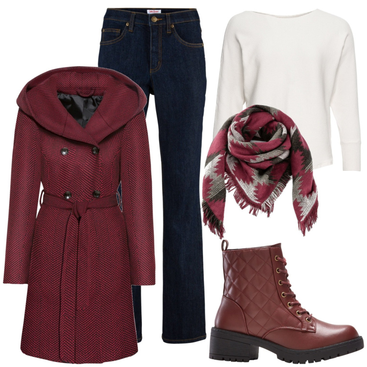Outfit donna - Casual. Stile Casual per Tutti i giorni. Abbinamento con cappotti, maglieria, jeans, stivaletti, foulard.