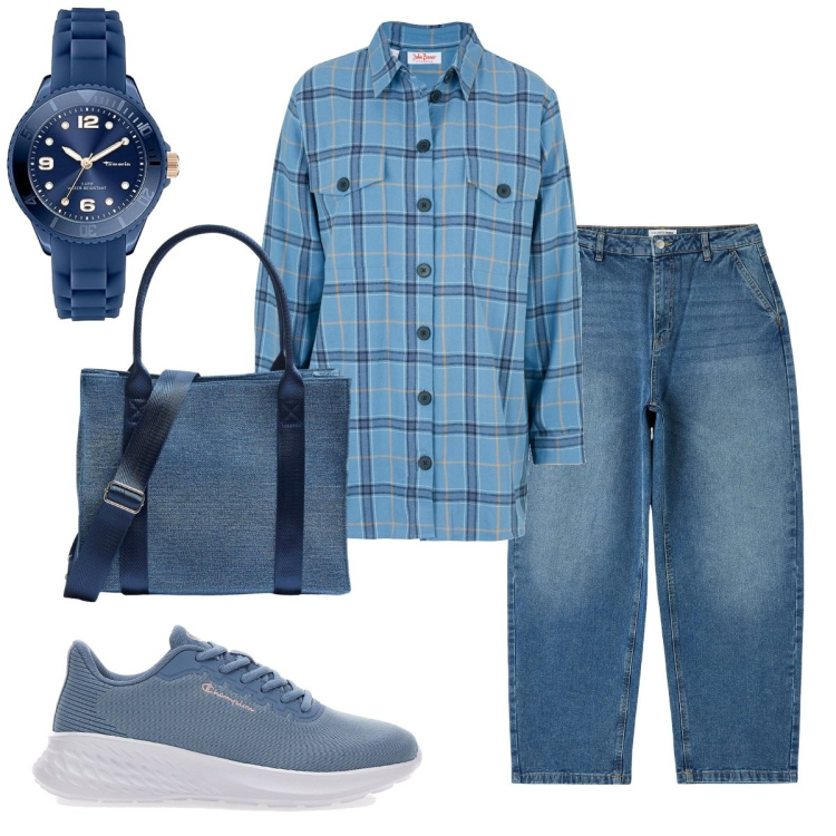Outfit donna - Total look #1762741. Stile Casual per Tutti i giorni. Abbinamento con camicie, shopping bag, jeans, orologi analogici, sneakers.