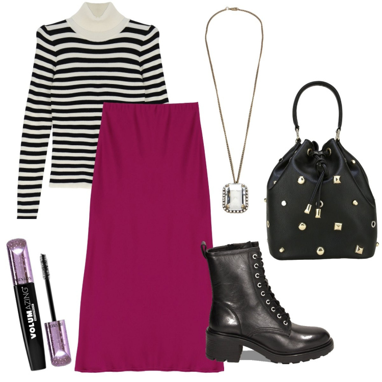 Outfit donna - La gonna amarena. Stile Trendy per Tutti i giorni. Abbinamento con mascara, gonne lunghe, maglieria, collane, borse a secchiello, anfibi.