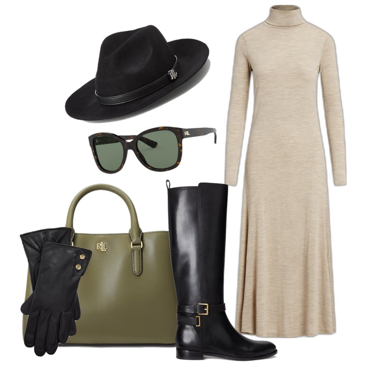 Outfit donna - Ralph Lauren style. Stile Chic per Tutti i giorni. Abbinamento con occhiali da sole, stivali sopra il ginocchio, vestiti, borse a mano, guanti, sciarpe.