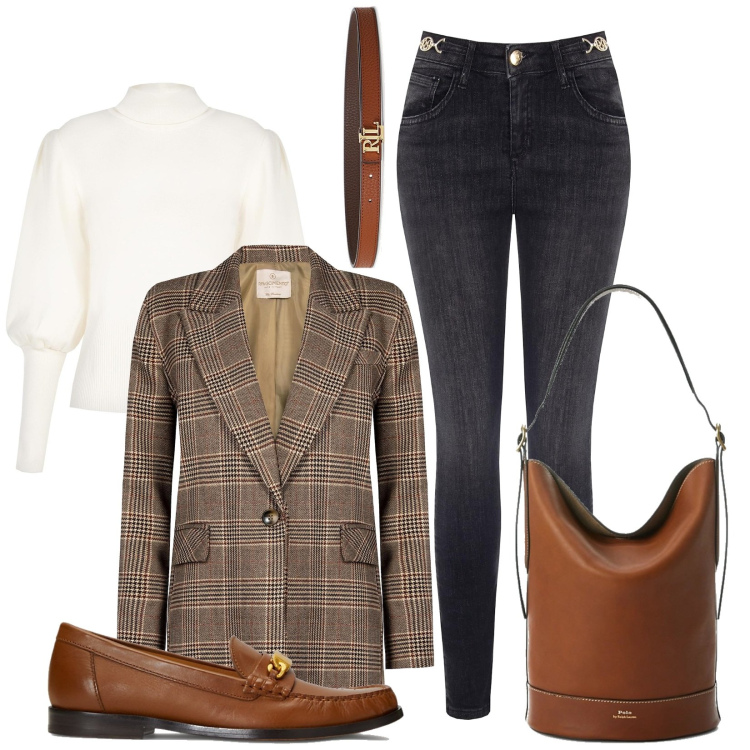 Outfit donna - Class. Stile Casual chic per Tutti i giorni. Abbinamento con jeans skinny, maglieria, cappotti, cinture, borse a secchiello, mocassini.