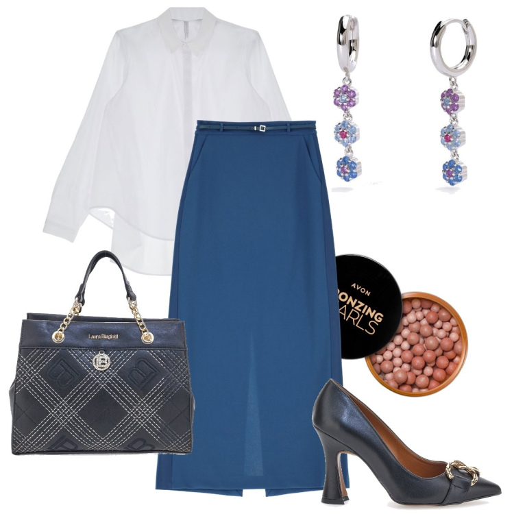 Outfit donna - Accessori blu. Stile Bon Ton per Ufficio. Abbinamento con blush, orecchini, gonne lunghe, camicie, décolleté, borse a mano.