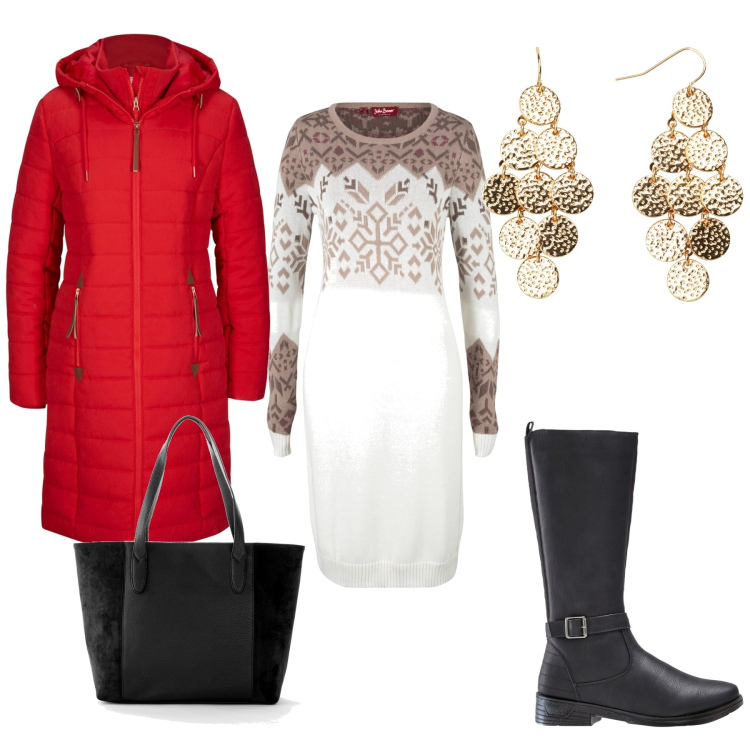 Outfit donna - L\'abito di maglia. Stile Casual chic per Tutti i giorni. Abbinamento con blazer, stivali, shopping bag, vestiti, orecchini.
