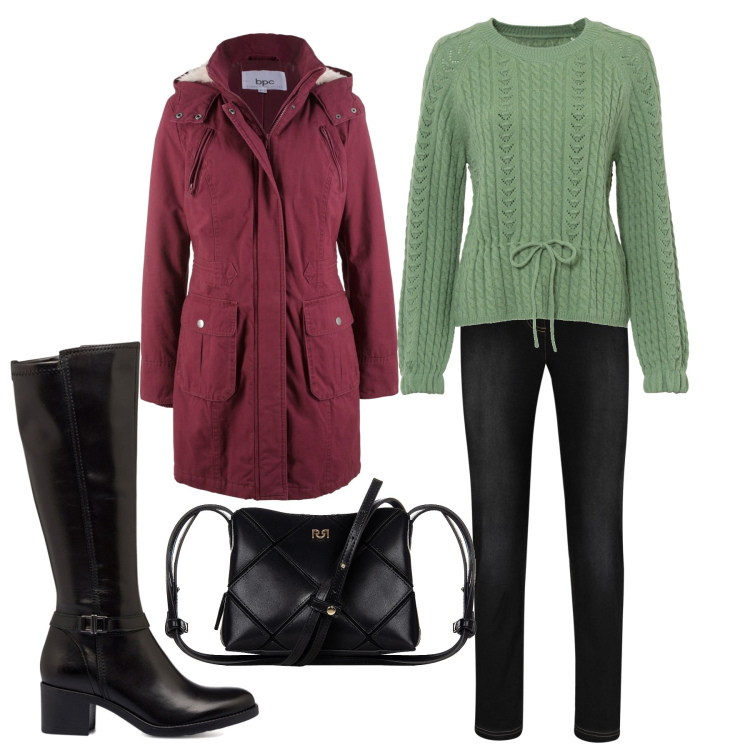 Outfit donna - Jeggings e stivali. Stile Casual per Tutti i giorni. Abbinamento con jeggings, maglieria, parka, borse a spalla, stivali sopra il ginocchio.