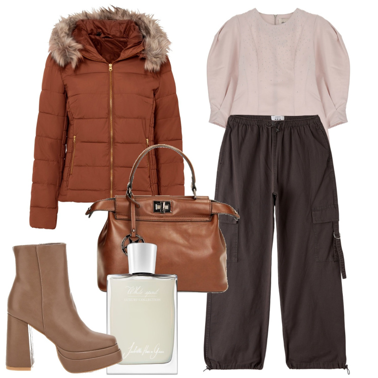 Outfit donna - Nocciola e cacao. Stile Urban per Tutti i giorni. Abbinamento con giacche, profumi, pantaloni, vestiti corti, borse a mano, stivaletti.