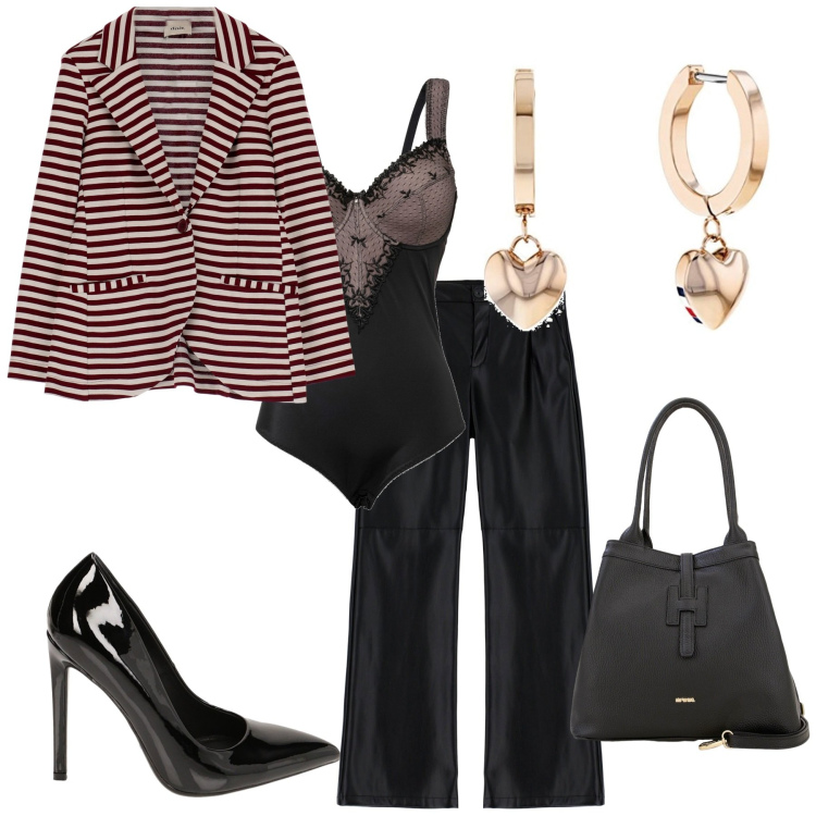 Outfit donna - Sabato sera a cena. Stile Chic per Serata fuori. Abbinamento con body, pantaloni a palazzo, borse a secchiello, décolleté, blazer, orecchini.