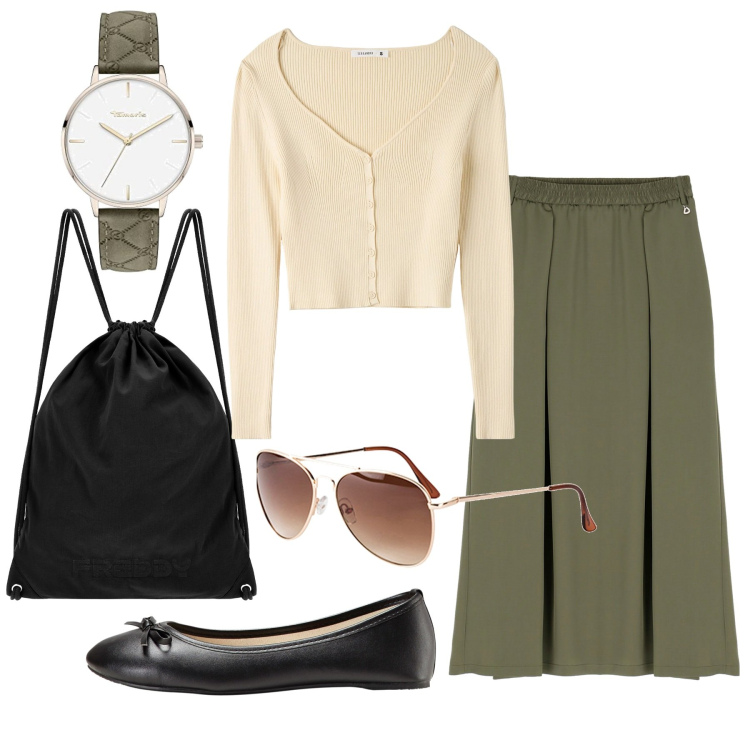 Outfit donna - Gonna verde militare. Stile Military per Tutti i giorni. Abbinamento con ballerine, occhiali da sole, cardigans, zaini, gonne longuette, orologi.
