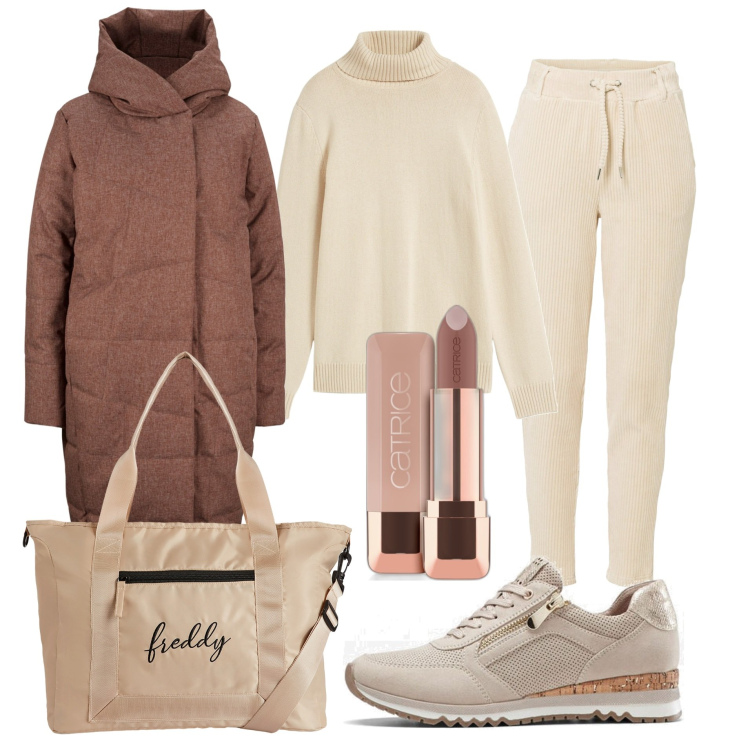 Outfit donna - Comoda per lo Shopping. Stile Sporty chic per Tutti i giorni. Abbinamento con pantaloni, sneakers, cappotti, maglieria, rossetti, borse tote.