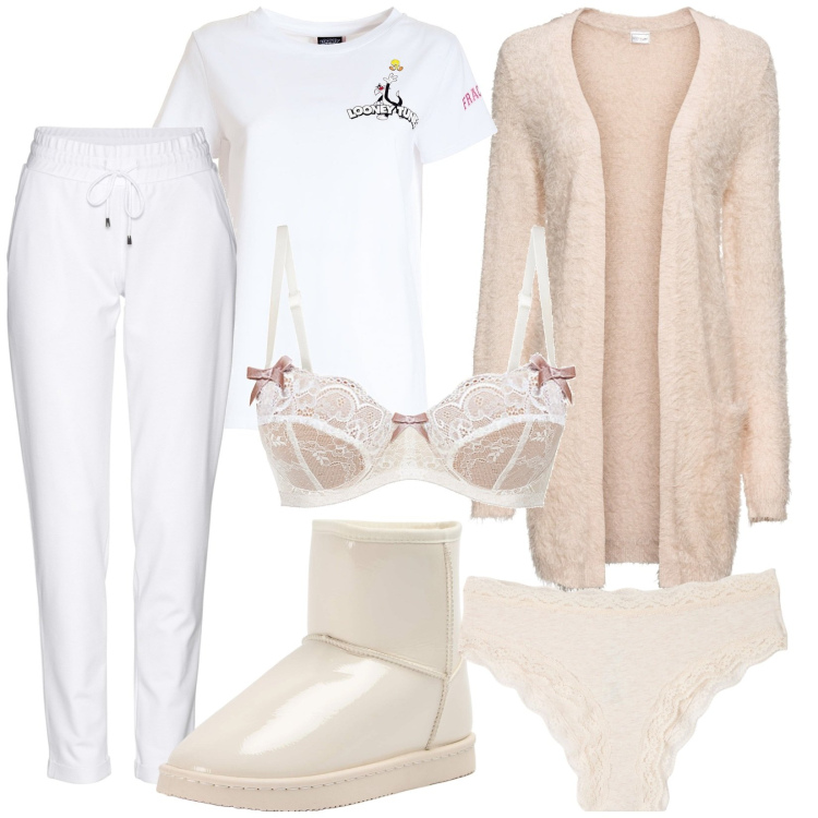 Outfit donna - Le spese in comodità. Stile Casual per Tutti i giorni. Abbinamento con pantaloni, reggiseni a balconcino, cardigans, stivaletti, slip, t-shirt.