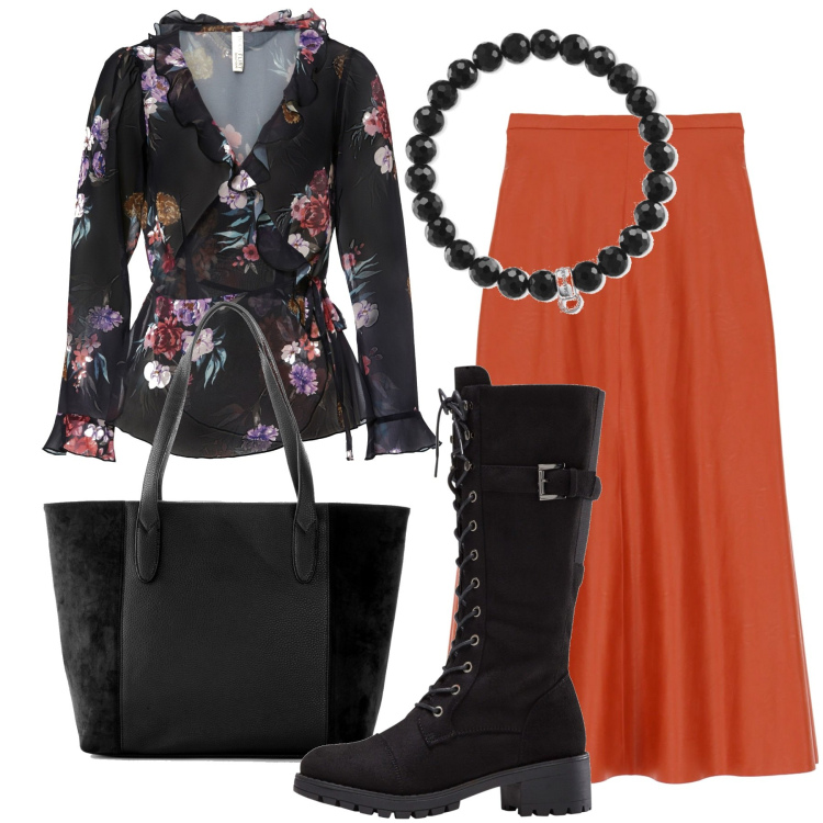 Outfit donna - Boho- Gonna lunga arancione. Stile Boho per Ufficio. Abbinamento con stivali, bluse, shopping bag, gonne longuette, braccialetti.