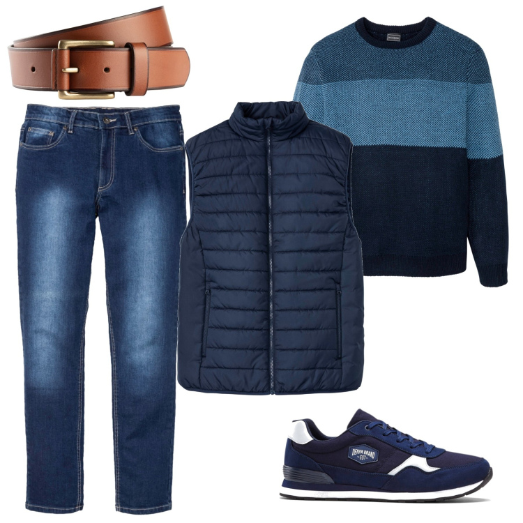 Outfit uomo - Lo smanicato imbottito. Stile Urban per Tutti i giorni. Abbinamento con sneakers, gilet, maglieria, jeans slim fit, cinture.