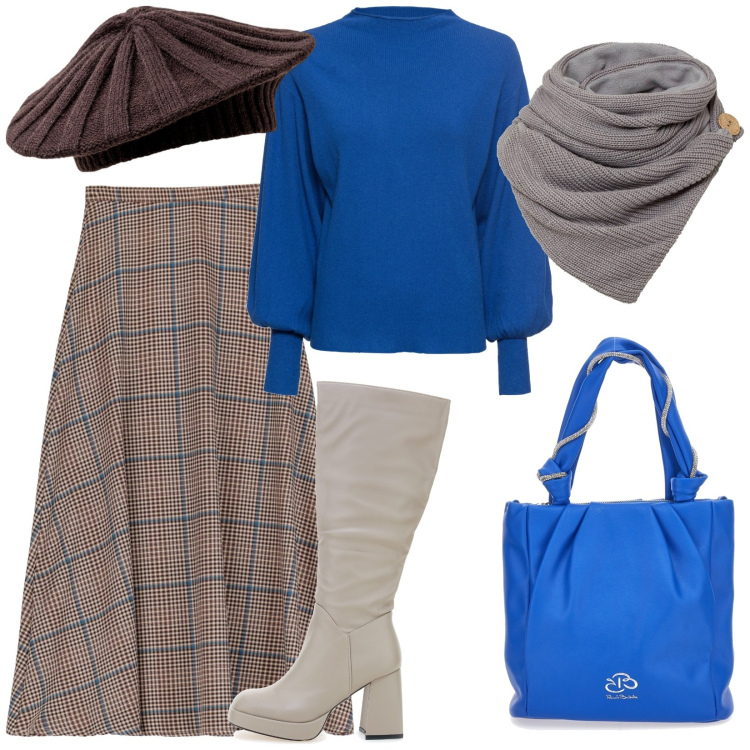 Outfit donna - Total look #1762915. Stile Casual chic per Ufficio. Abbinamento con maglieria, foulard, gonne longuette, borse a spalla, cappelli e berretti, stivali sopra il ginocchio.