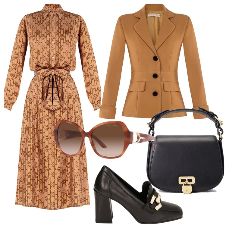 Outfit donna - \'70. Stile 70s per Ufficio. Abbinamento con vestiti chemisier, cappotti, mocassini, occhiali da sole, borse a tracolla.