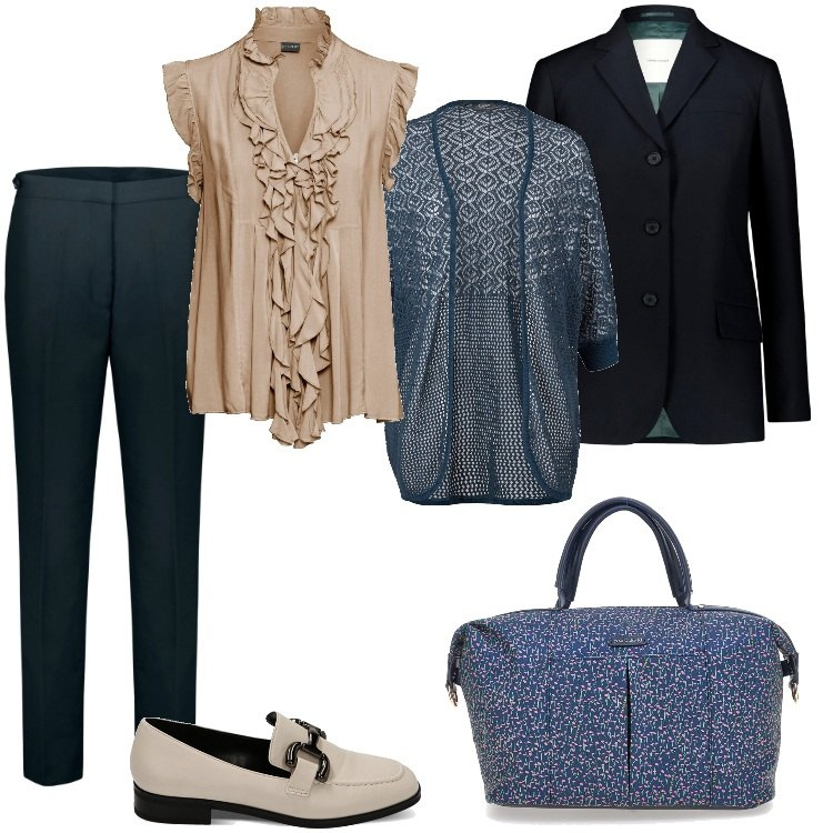 Outfit donna - Il Blazer versatile - Novembre. Stile Urban per Tutti i giorni. Abbinamento con cardigans, maglieria, mocassini, blazer, borse a mano, pantaloni.