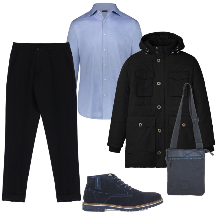 Outfit uomo - Il pratico borsello. Stile Casual per Tutti i giorni. Abbinamento con parka, pantaloni, scarpe stringate, portafogli, camicie.