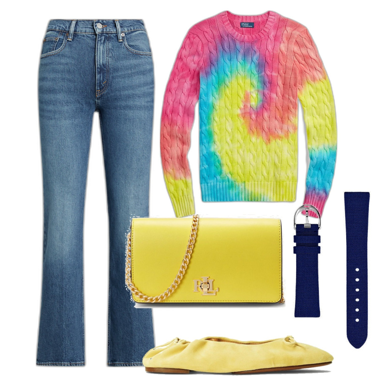 Outfit donna - Maglione psicadelico. Stile Trendy per Tutti i giorni. Abbinamento con orologi, jeans bootcut, ballerine, maglieria, borse a mano.