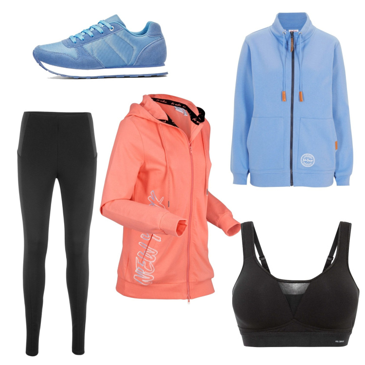 Outfit donna - In palestra 2. Stile Basic per Sport. Abbinamento con felpe con cappuccio, felpe, leggings, sneakers, reggiseni.