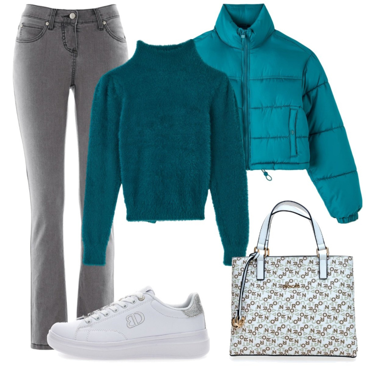 Outfit donna - Verde smeraldo. Stile Casual per Tutti i giorni. Abbinamento con jeans slim fit, maglieria, piumini, sneakers, borse a mano.