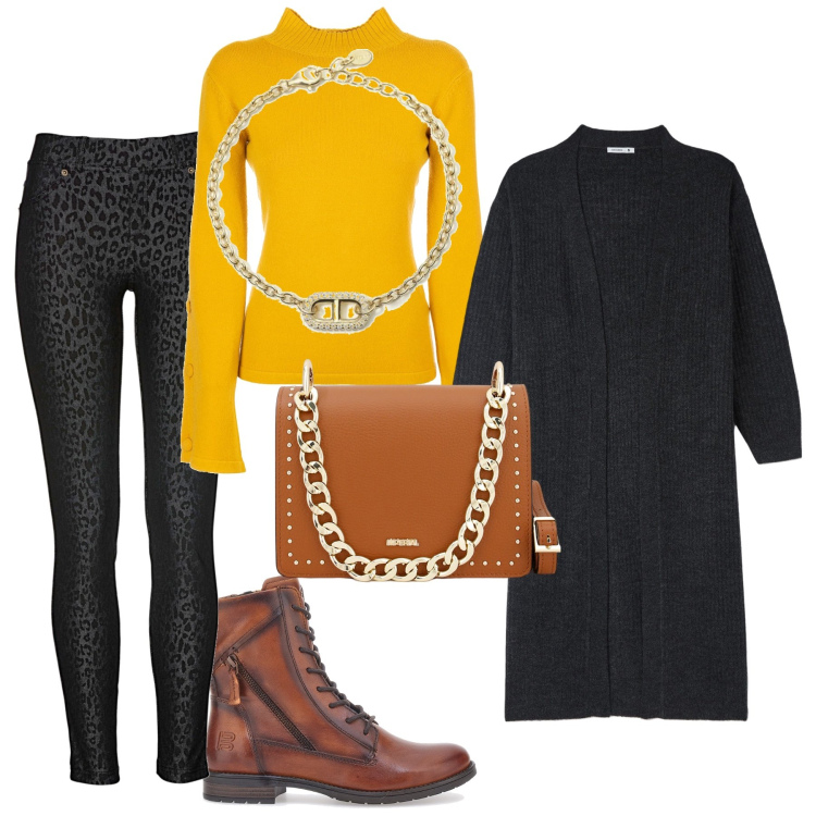 Outfit donna - Anfibi e Pantaleggins. Stile Glamour per Ufficio. Abbinamento con jeggings, cardigans, braccialetti, maglieria, pochette, anfibi.