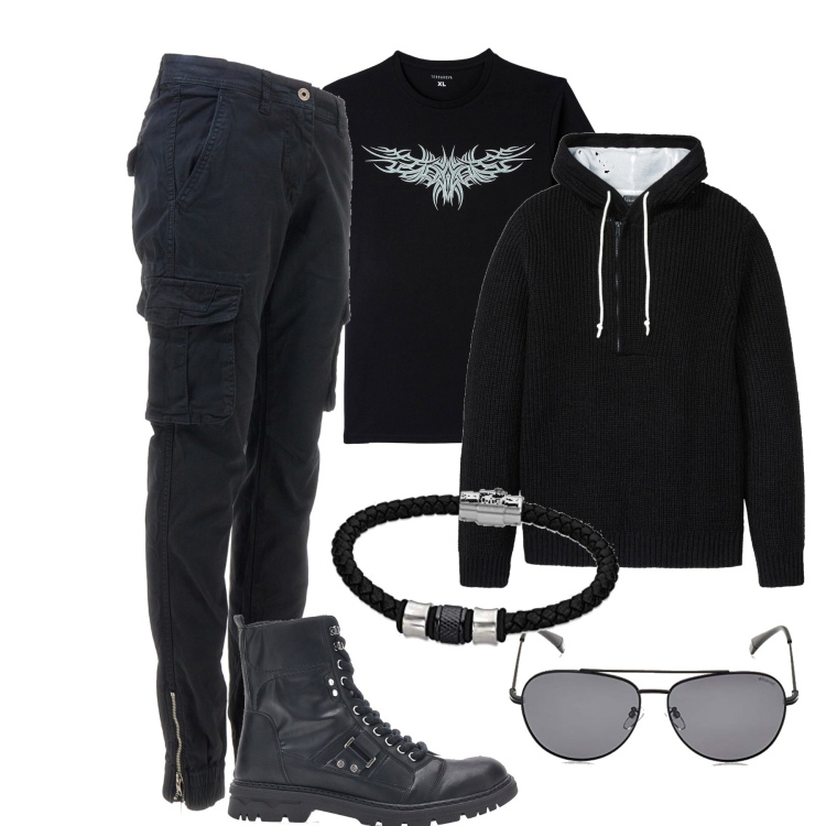 Outfit uomo - Urban classic. Stile Urban per Tutti i giorni. Abbinamento con maglieria, t-shirt, pantaloni cargo, anfibi, occhiali da sole, braccialetti.