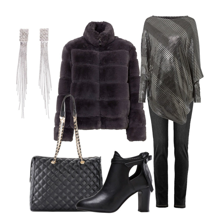 Outfit donna - Serata tra amiche. Stile Casual chic per Serata fuori. Abbinamento con jeans, shopping bag, orecchini, maglieria, ecopellicce, stivaletti.