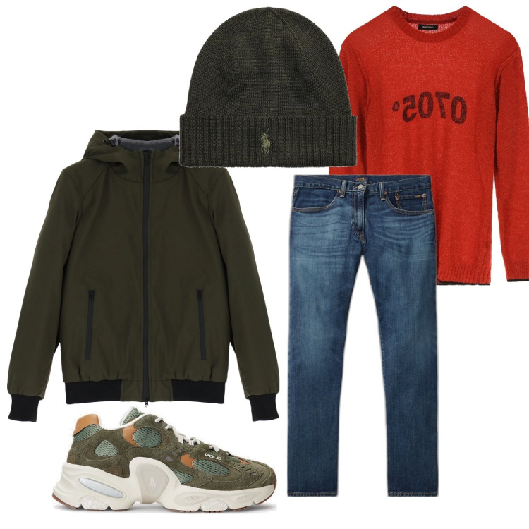 Outfit uomo - Total look #1762999. Stile Casual per Tutti i giorni. Abbinamento con maglieria, cappotti, jeans dritti, sneakers, berretti.