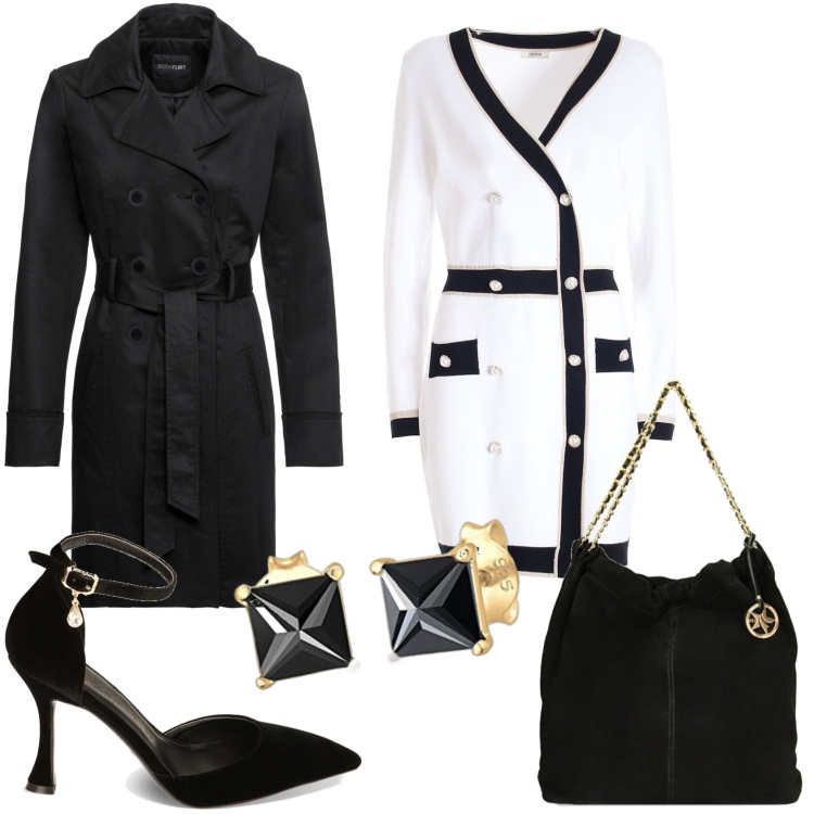 Outfit donna - In bianco e nero. Stile Glamour per Tutti i giorni. Abbinamento con trench, vestiti, borse a spalla, décolleté, orecchini.