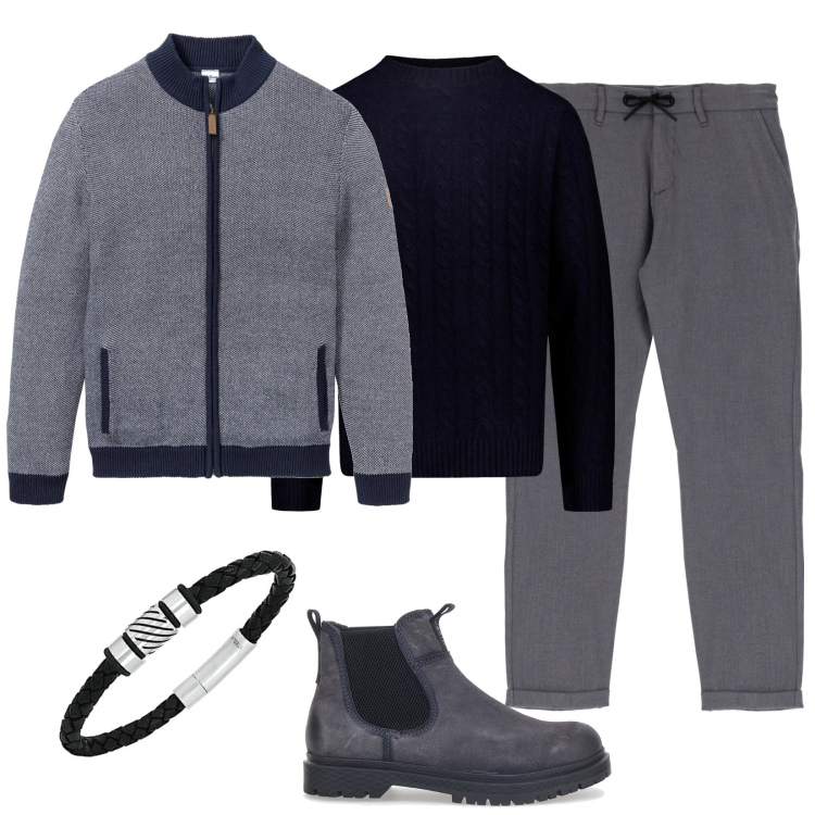 Outfit uomo - Il maglione con la zip. Stile Casual per Tutti i giorni. Abbinamento con cardigans, pantaloni, maglieria, braccialetti, stivali e stivaletti.