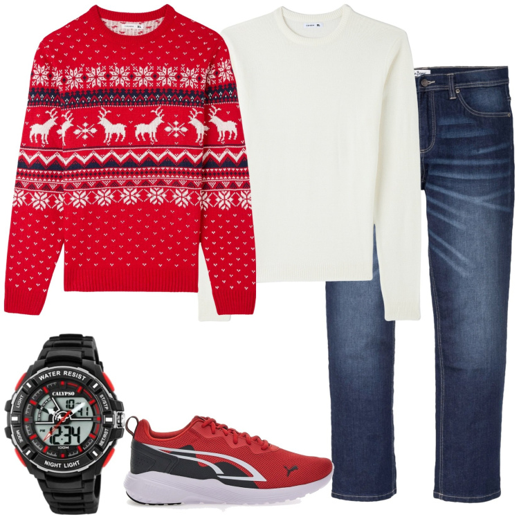 Outfit uomo - È (quasi) ora di Natale. Stile Casual per Tutti i giorni. Abbinamento con jeans dritti, maglieria, maglieria, sneakers, orologi digitali.