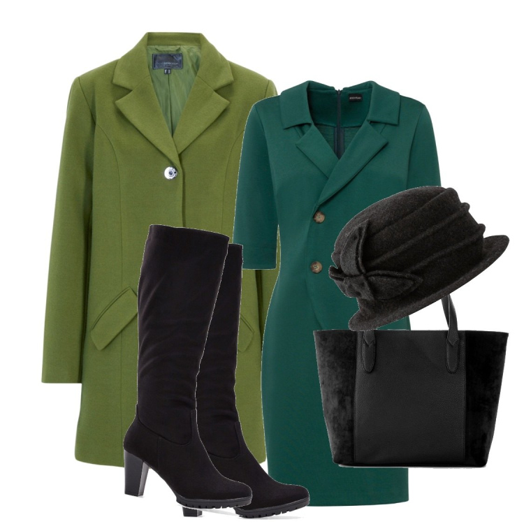 Outfit donna - Verde scuro per l\'abito. Stile Bon Ton per Ufficio. Abbinamento con stivali, shopping bag, cappotti, vestiti, cappelli.