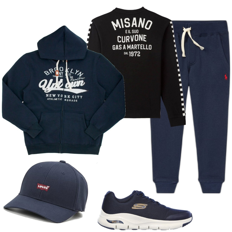 Outfit uomo - Jogging. Stile Casual per Sport. Abbinamento con felpe, felpe con cappuccio, sneakers, pantaloni, cappelli con visiera.