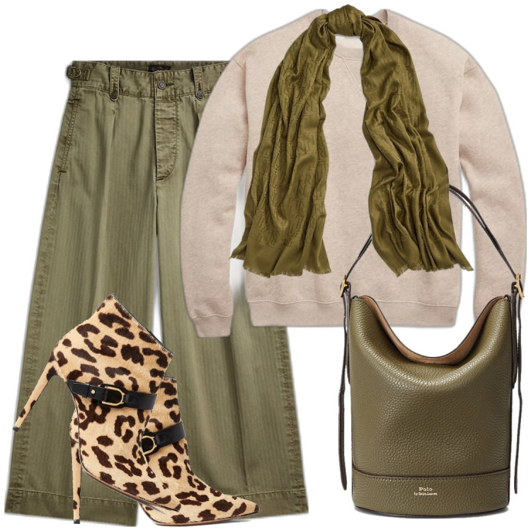 Outfit donna - Leopard. Stile Casual chic per Tutti i giorni. Abbinamento con pantaloni, stivaletti, sciarpe, pullovers, borse a secchiello.