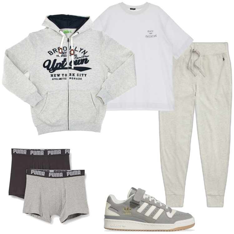 Outfit uomo - Passione per lo sport. Stile Casual per Sport. Abbinamento con t-shirt, pantaloni, felpe con cappuccio, sneakers, boxer.